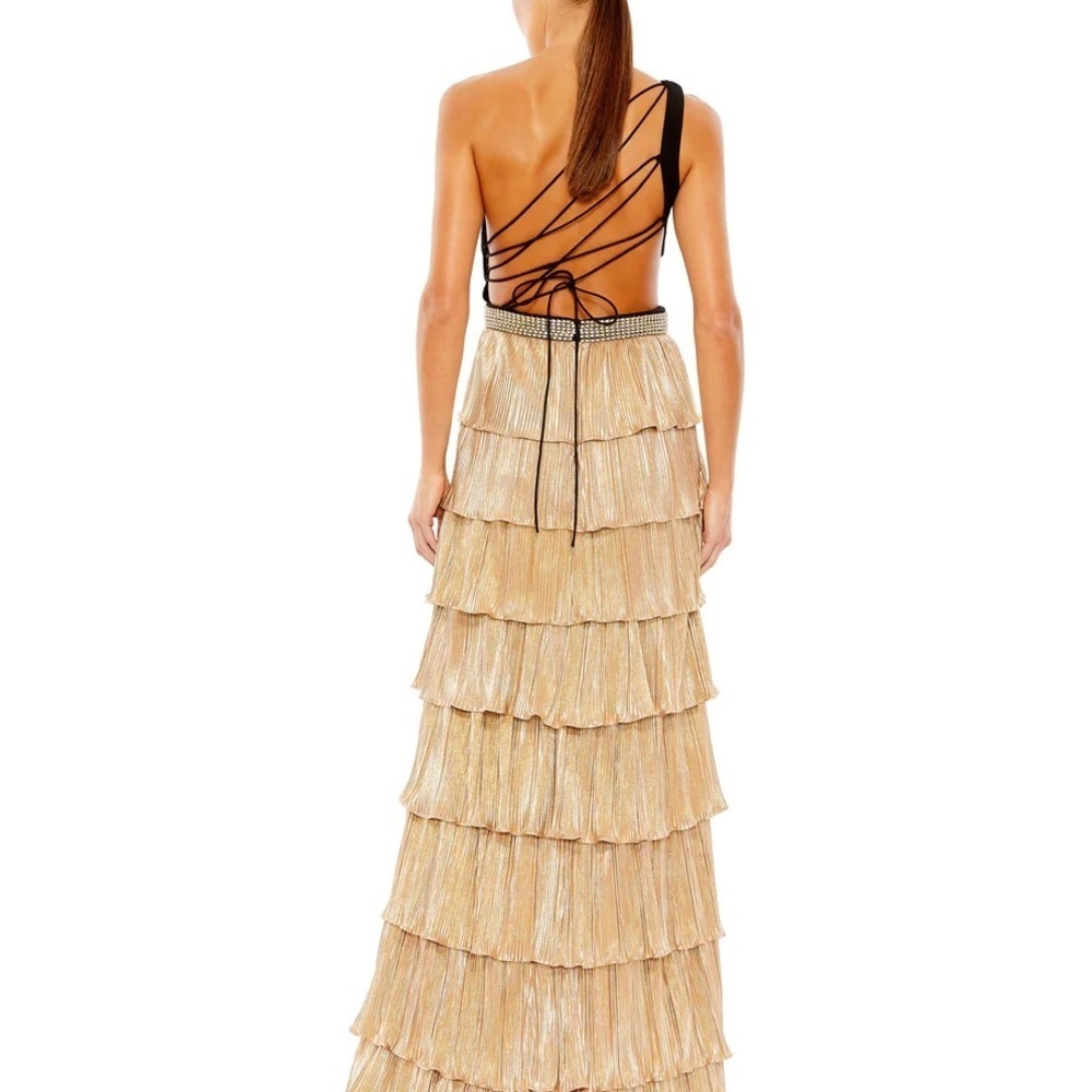 Mac Duggal 26742 NWT METALLIC ONE SHOULDER RUFFLE TIERED GOWN - Picture 2 of 10